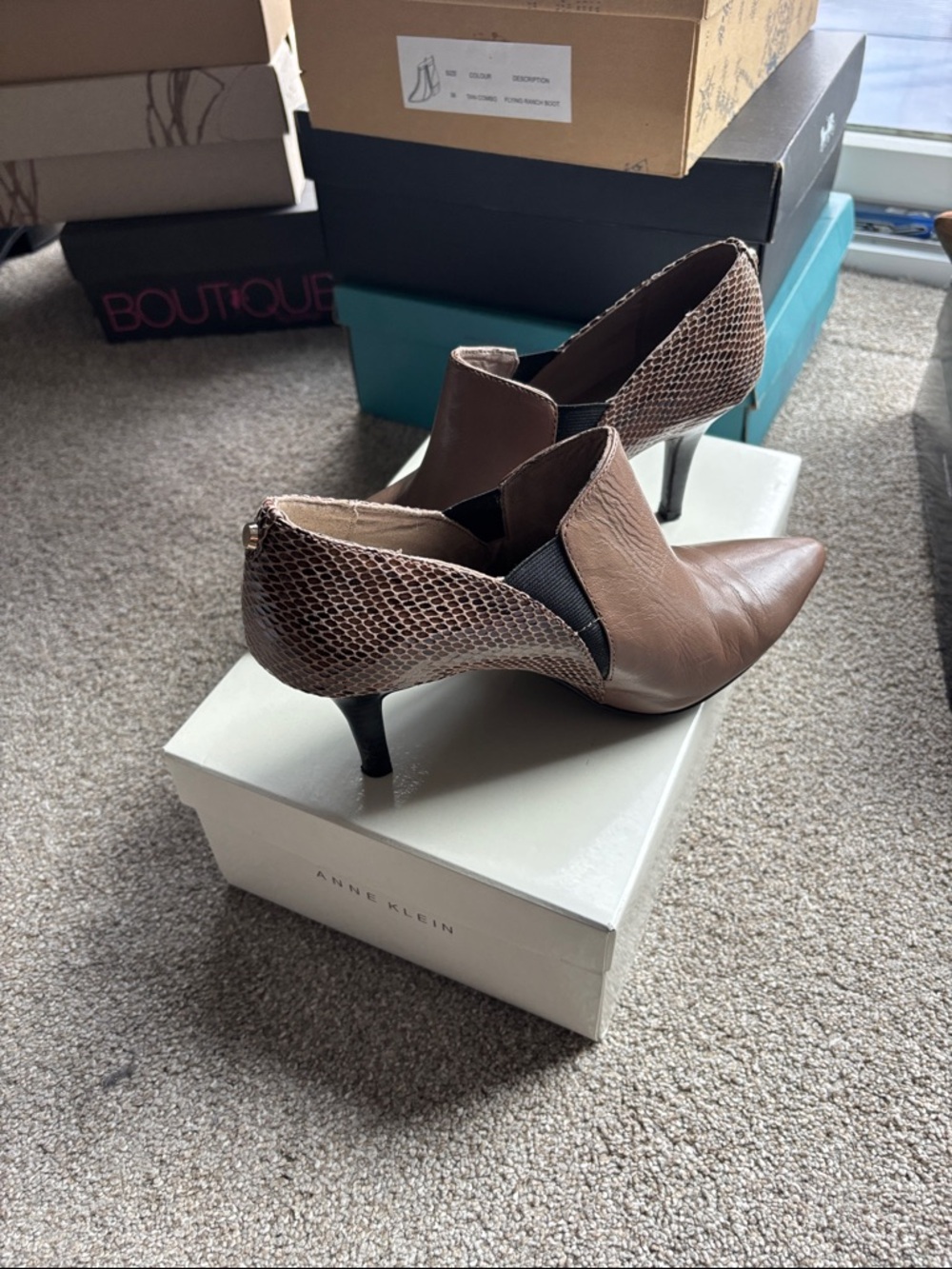 Anne Klein Brown Pointed Toe Kitten Heel Booties with Snake-Print Accent